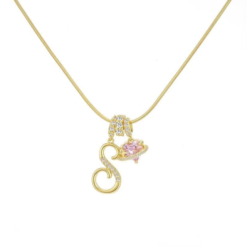 Custom Initial Letter Necklace with Pink Heart - Gold Cursive Alphabet Pendant Jewelry
