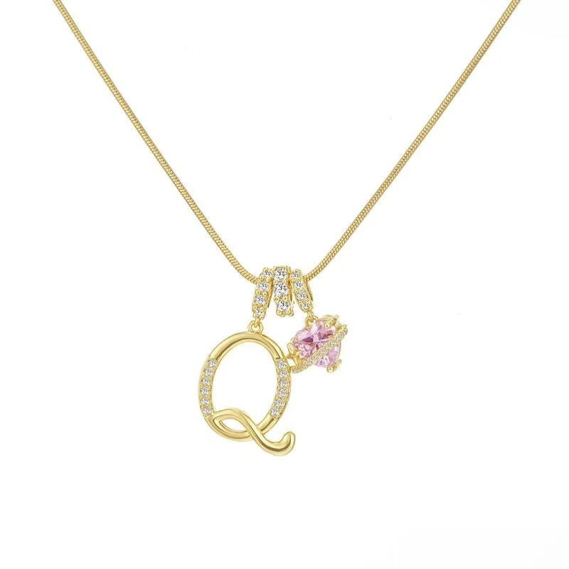 Custom Initial Letter Necklace with Pink Heart - Gold Cursive Alphabet Pendant Jewelry