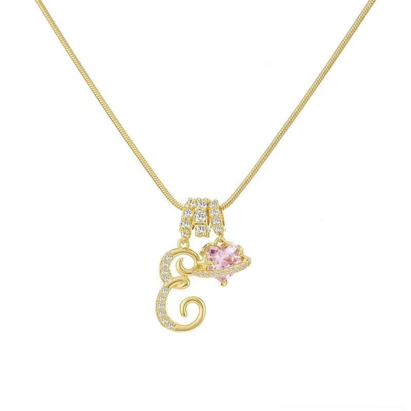 Custom Initial Letter Necklace with Pink Heart - Gold Cursive Alphabet Pendant Jewelry