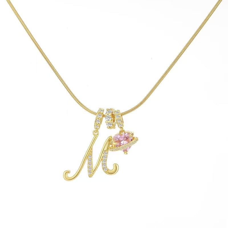 Custom Initial Letter Necklace with Pink Heart - Gold Cursive Alphabet Pendant Jewelry