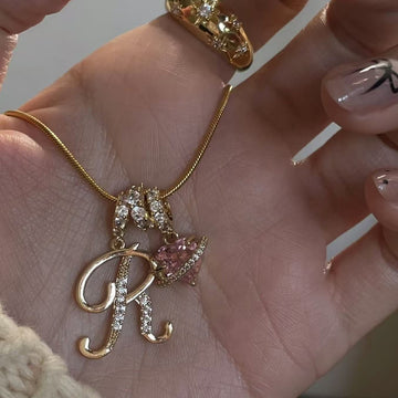 Custom Initial Letter Necklace with Pink Heart - Gold Cursive Alphabet Pendant Jewelry