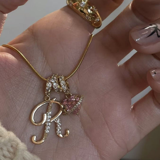 Custom Initial Letter Necklace with Pink Heart - Gold Cursive Alphabet Pendant Jewelry
