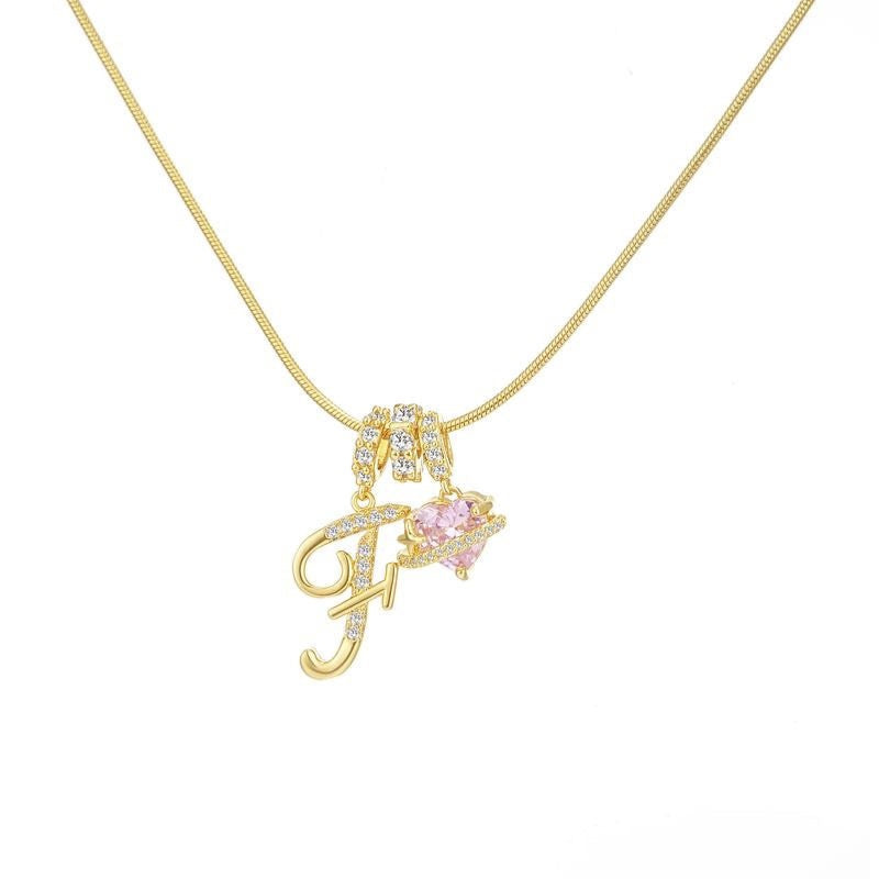 Custom Initial Letter Necklace with Pink Heart - Gold Cursive Alphabet Pendant Jewelry
