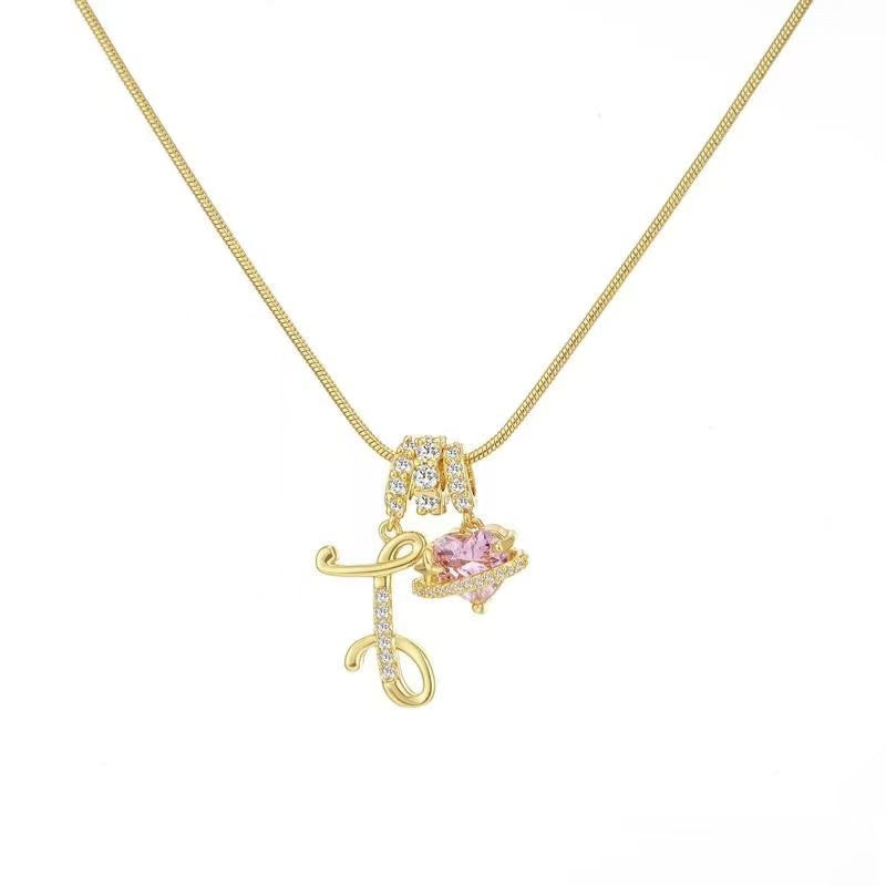 Custom Initial Letter Necklace with Pink Heart - Gold Cursive Alphabet Pendant Jewelry