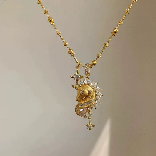 Gold Plated Majestic Unicorn Pendant - Vintage Fantasy Star & Crystal Necklace