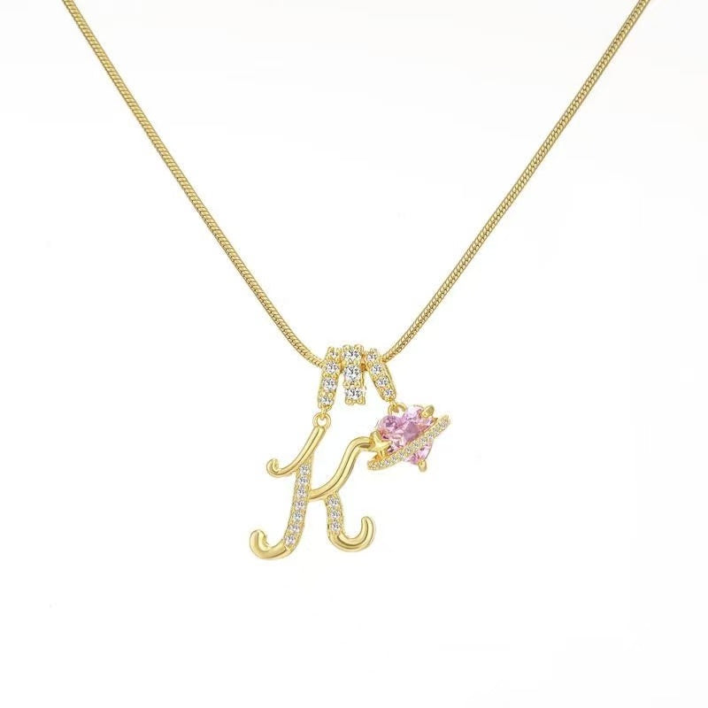 Custom Initial Letter Necklace with Pink Heart - Gold Cursive Alphabet Pendant Jewelry