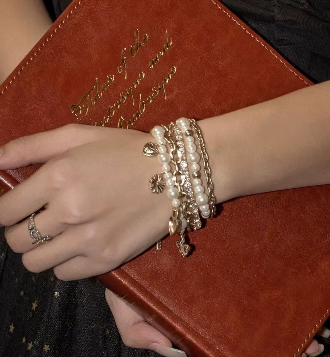 Dark Academia Pearl Bracelet Set - Gold Vintage Charm Stacked Layered Jewelry