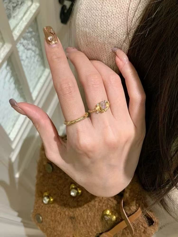 Vintage Pink Zircon Heart Ring - Gold Coquette Aesthetic Star Statement Ring