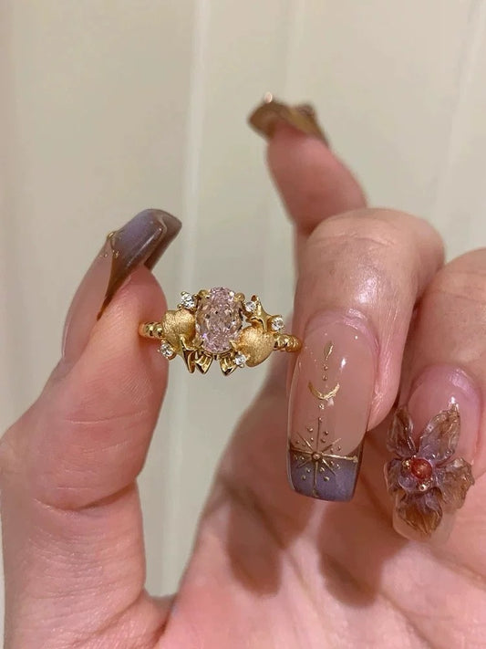 Vintage Pink Zircon Heart Ring - Gold Coquette Aesthetic Star Statement Ring