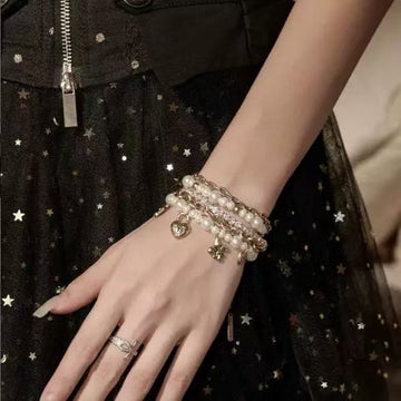 Dark Academia Pearl Bracelet Set - Gold Vintage Charm Stacked Layered Jewelry