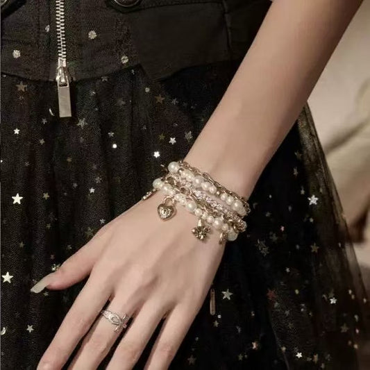Dark Academia Pearl Bracelet Set - Gold Vintage Charm Stacked Layered Jewelry