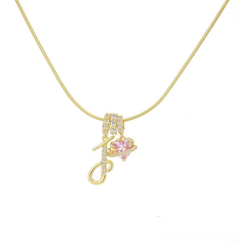 Custom Initial Letter Necklace with Pink Heart - Gold Cursive Alphabet Pendant Jewelry
