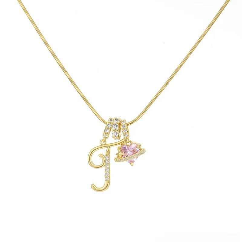Custom Initial Letter Necklace with Pink Heart - Gold Cursive Alphabet Pendant Jewelry