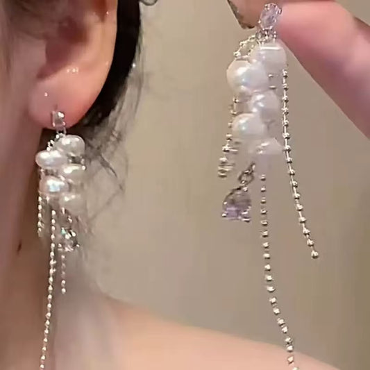 Baroque Pearl Tassel Earrings - Silver Liquid Metal Chain Drop Earrings for Women