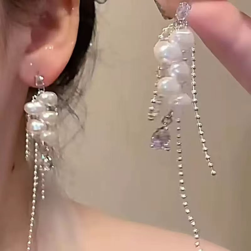 Baroque Pearl Tassel Earrings - Silver Liquid Metal Chain Drop Earrings for Women