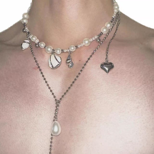 Mermaidcore Pearl Shell Choker - Silver Layered Ball Chain & Heart Drop Necklace