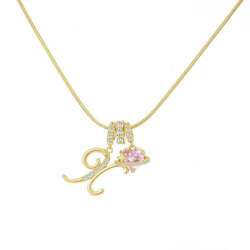 Custom Initial Letter Necklace with Pink Heart - Gold Cursive Alphabet Pendant Jewelry