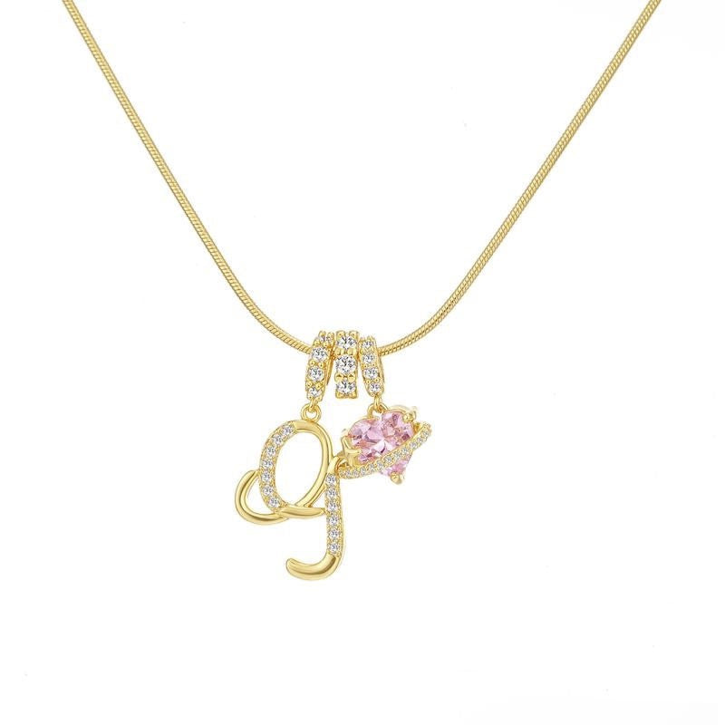 Custom Initial Letter Necklace with Pink Heart - Gold Cursive Alphabet Pendant Jewelry