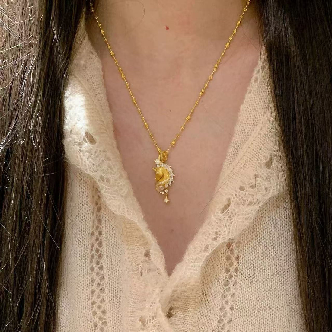 Gold Plated Majestic Unicorn Pendant - Vintage Fantasy Star & Crystal Necklace