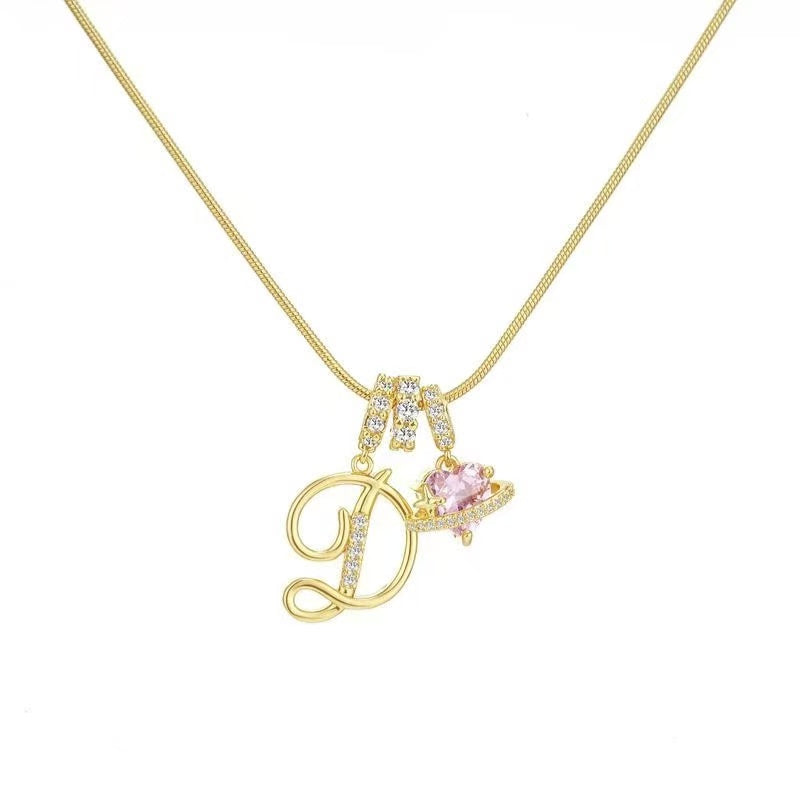 Custom Initial Letter Necklace with Pink Heart - Gold Cursive Alphabet Pendant Jewelry