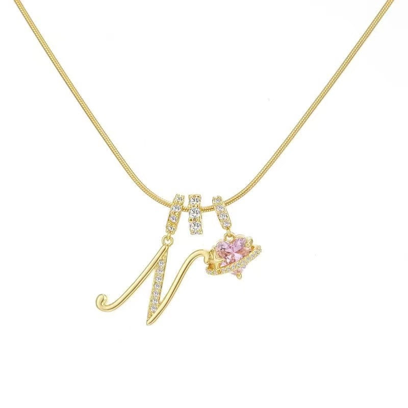 Custom Initial Letter Necklace with Pink Heart - Gold Cursive Alphabet Pendant Jewelry