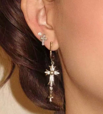 Gothic Cross Drop Earrings - Silver Grunge Punk Aesthetic Dangle Earrings