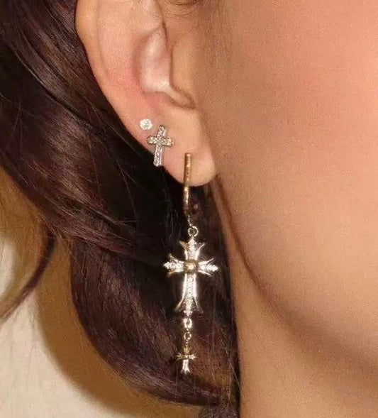 Gothic Cross Drop Earrings - Silver Grunge Punk Aesthetic Dangle Earrings