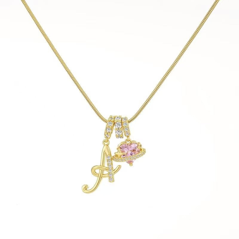Custom Initial Letter Necklace with Pink Heart - Gold Cursive Alphabet Pendant Jewelry