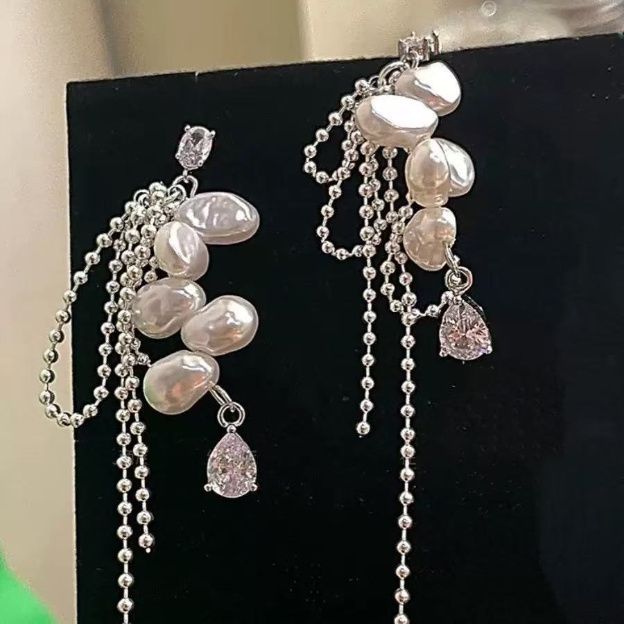 Baroque Pearl Tassel Earrings - Silver Liquid Metal Chain Drop Earrings for Women